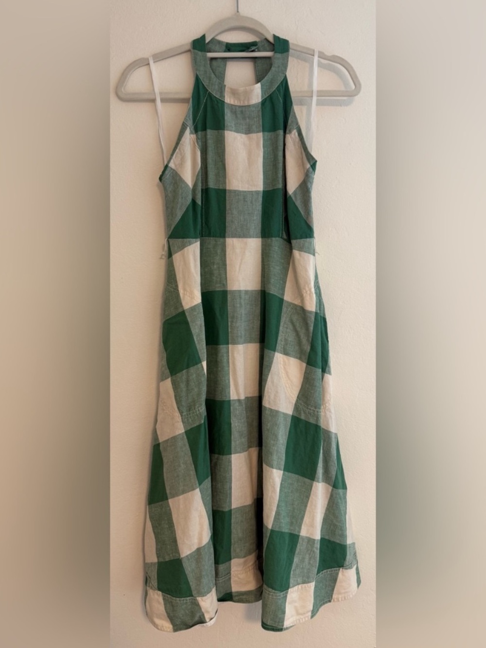 Anthropologie Green and Cream Gingham Halter Midi Dress